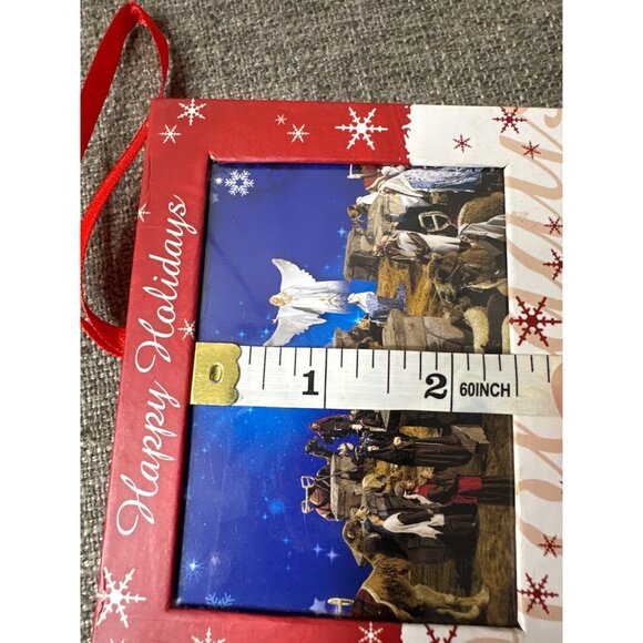 Nativity Scene Christmas Ornament w/ Red Ribbon Photo Frame Happy Holidays - Picture 5 of 6